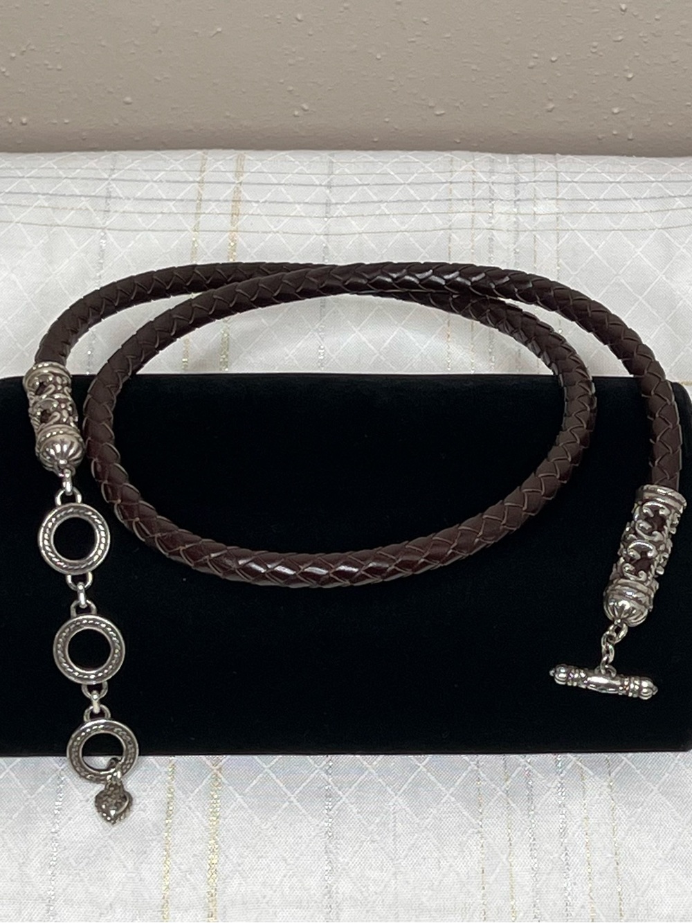 Brown Braided Rope Leather Toggle Necklace with Silver Accents